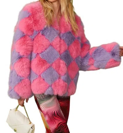 Jayley Delilah Diamond Faux Fur Jacket In Pink/purple In Multi