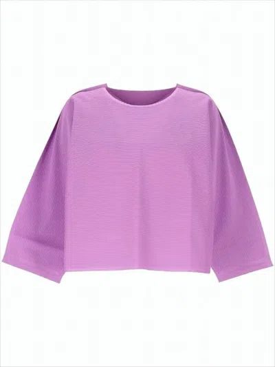 Pleats Please Cropped Long-sleeve Ribbed Top With Flared Sleeves In Purple