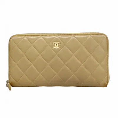 Pre-owned Chanel Leather Long Wallet (bi-fold) () In Sand
