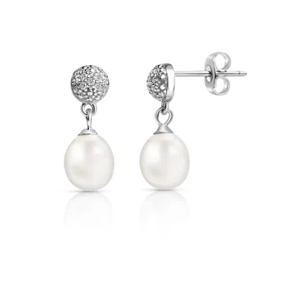 Maxcolor Freshwater Pearl & Natural Diamond Moonlit Pearls Earrings In Sterling Silver In Metallic