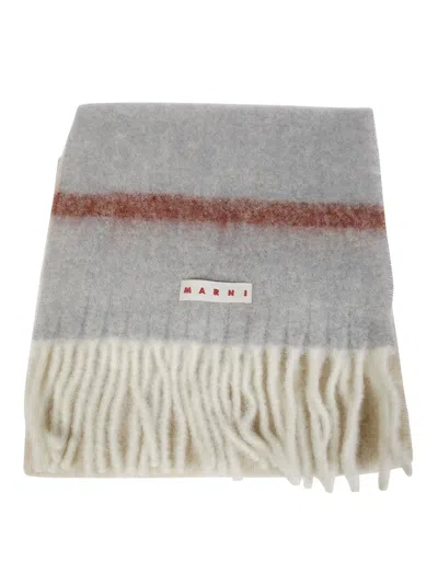 Marni Multicolour Wool Scarf With Fringed Edges And Logo Label In Gray