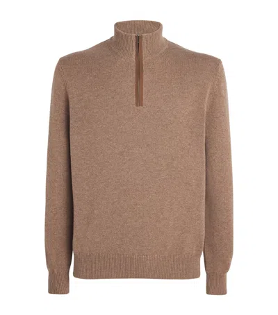 Agnona Cashmere Half-zip Sweater In Brown
