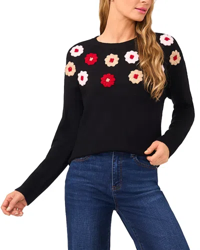 Cece Multicolor Embroidered Flower Sweater In Black