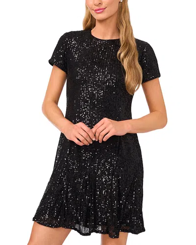 Cece Short Sleeve Sequin Godet Dress In Black