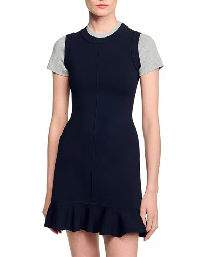 Sandro Contrast Short Sleeve Knit Dress In Blue