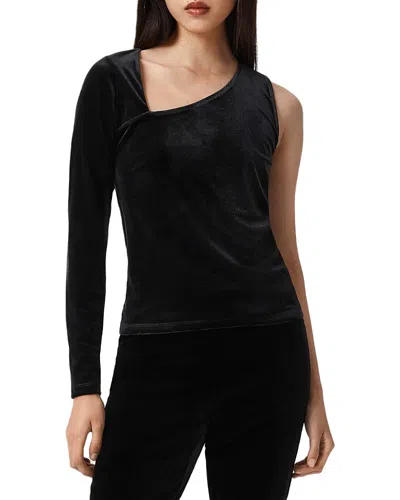 Allsaints Womens Black Ari Asymmetric-neck One-sleeve Stretch-velvet Top In Black