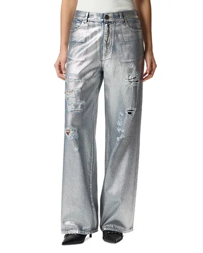 Pinko Lauryn Loose Coated Jeans In Laminated Silver In Gray