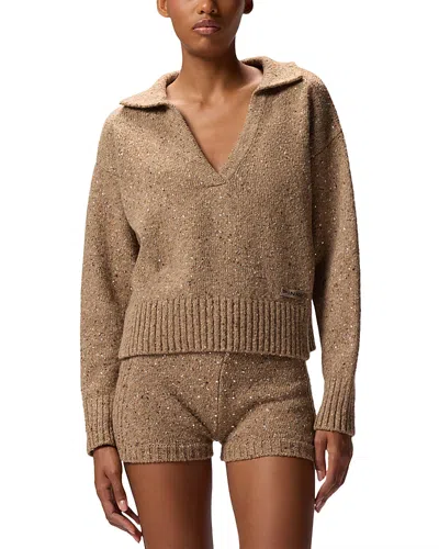 Pinko V-neck Lurex Knit Polo With Long Sleeves In Brown