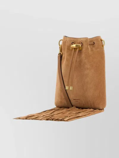Jimmy Choo Mini Cinch Suede Bucket Bag With Fringe Tassels In Brown
