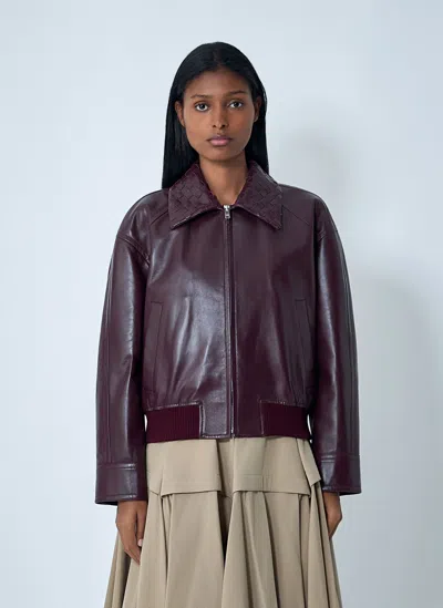 Bottega Veneta Women Bordeaux Crop Jacket With Intreccio Motif Collar And Dropped Shoulders In Leath In Burgundy
