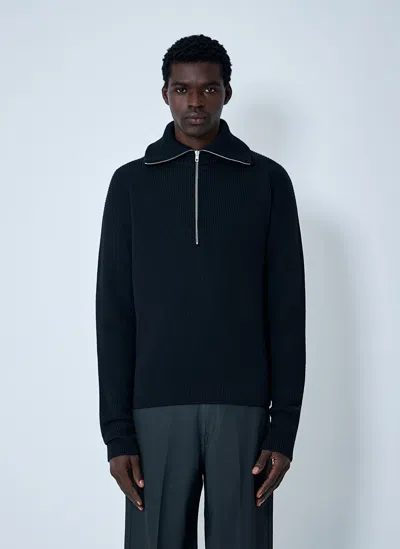 Lemaire Half Zip Sweater In Ribbed Virgin Wool In Black
