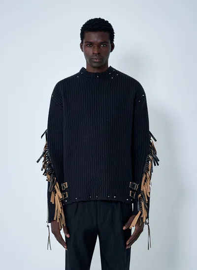 Prada Wool Crew-neck Sweater With Fringe And Studs In Black