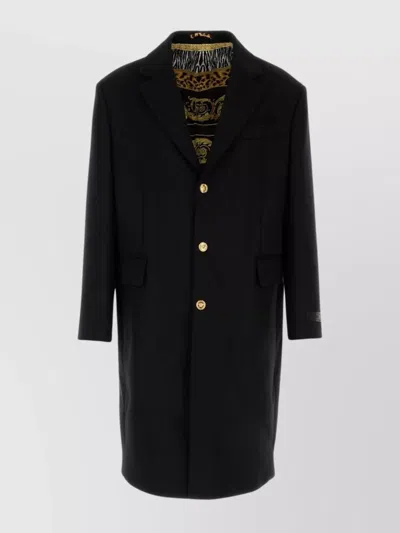 Versace Wool Blend Coat Featuring Back Vent In Black