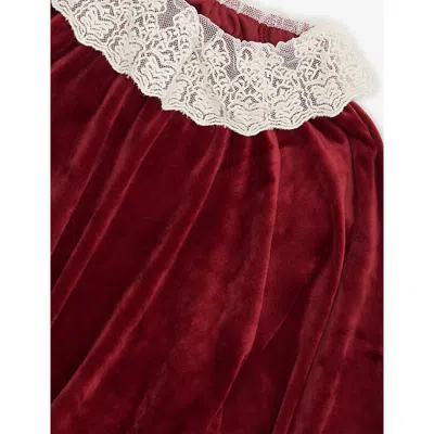 Konges Slojd Red Dahlia Venola Lace-collar Stretch-velvet Dress 18 Months - 10 In Red