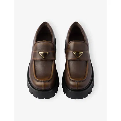 Prada Platform Leather Triangle Logo Loafers In Brown
