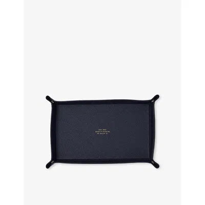 Smythson Navy Small Rectangular Leather Trinket Tray In Blue