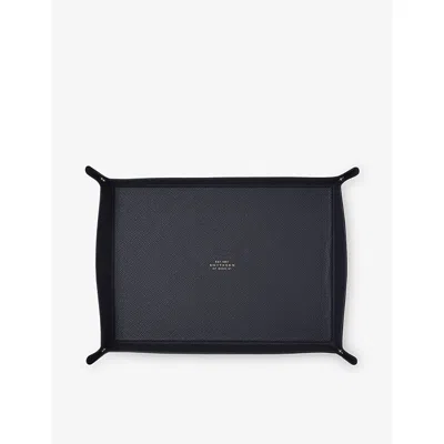 Smythson Navy Large Rectangular Leather Trinket Tray In Blue