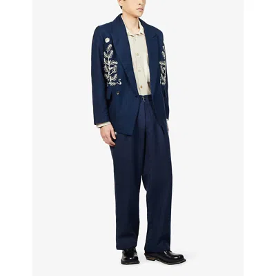 Kartik Research Mens Navy Pleat Embroidered Wool Trousers In Blue