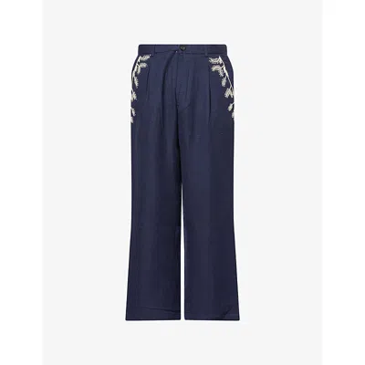 Kartik Research Mens Pleated Embroidered Wool Trousers In Blue