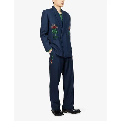 Kartik Research Mens Pleated Embroidered Wool Trousers In Blue