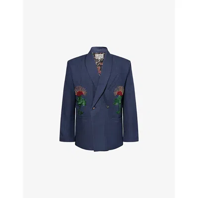 Kartik Research Mens Navy Double-breasted Shawl Embroidered Wool Jacket In Blue