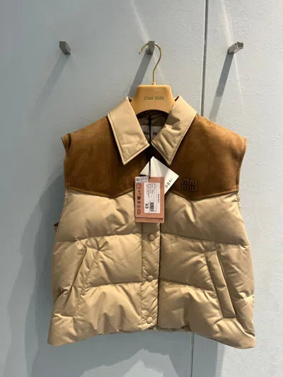 Miu Miu Technical Pongé And Leather Down Vest In Gray