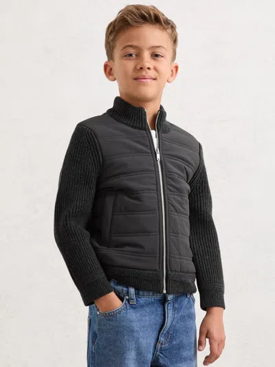 Reiss Charcoal Melange Hybrid Quilt And Knit Zip-through Jacket In Gray
