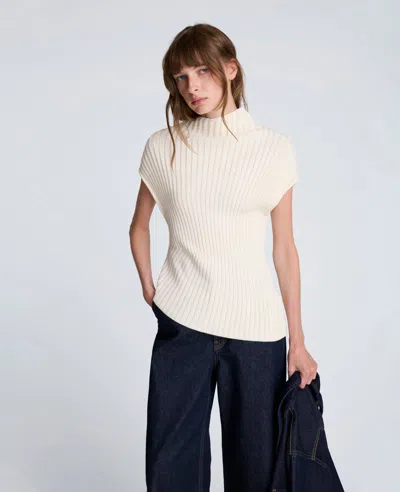 Kenneth Cole Asymmetrical Ribbed Mock Neck Sweater In White