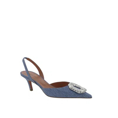 Amina Muaddi Camelia Crystal-embellished Denim-effect Satin Slingback Pumps In Blue
