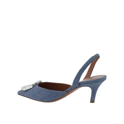 Amina Muaddi Camelia Crystal-embellished Denim-effect Satin Slingback Pumps In Blue