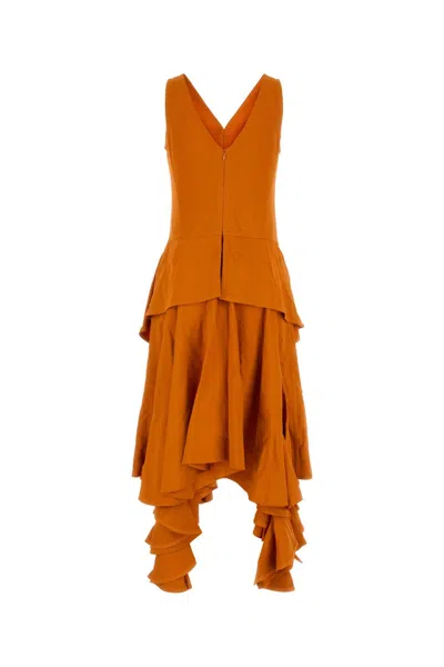 Bottega Veneta Viscose Dress With Asymmetric Hem And Ruffles In Orange