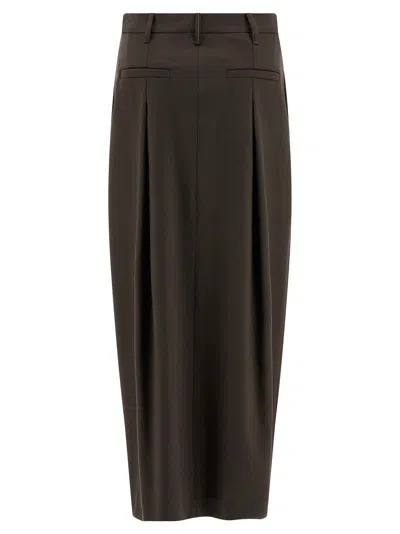 Brunello Cucinelli Curved Design Skirt With Pleats And Pockets In Brown