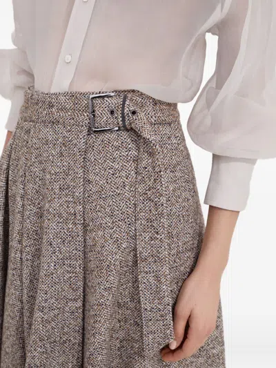 Brunello Cucinelli Women Brown Skirt With Belt And Pleated Details In Virgin Wool Blend Woman In Neutral