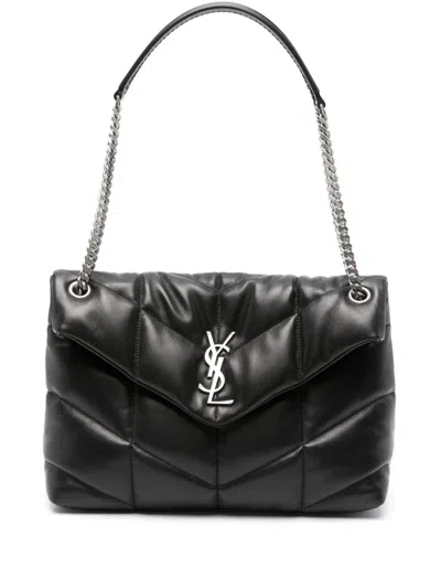 Saint Laurent Medium Loulou Puffer Chevron-logo Shoulder Bag In Black