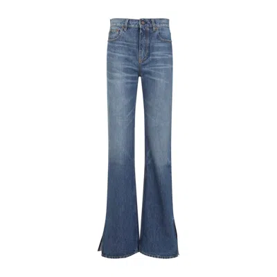 Chloé Women Blue Jeans With Wide Leg And Pendant Charm On The Front In Denim Woman In Blue