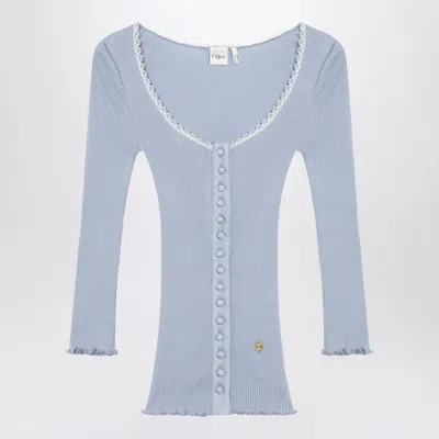 Chloé Light Blue Fitted Cotton Cardigan In Blue
