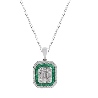 Artisan Women's Green / White Illusion-set Emerald & Diamond Pendant In 18k White Gold In Gray