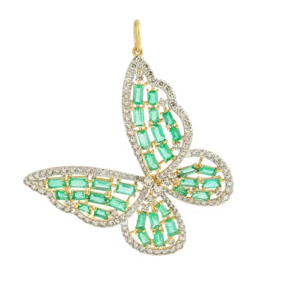 Artisan Women's Gold / Yellow / White 14k Yellow Gold Diamond & Baguette Emerald Butterfly Pendant In Green