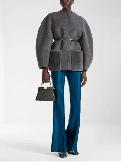 Fendi Women Wool Blouson With Mink Pockets And Inner Ff Logo In Gray