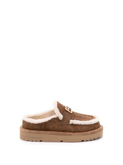 Fendi Women Beige Mules With Logo Lettering On The Rear And Ff Buckle In Suede Woman In Multi