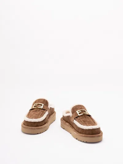 Fendi Women Beige Mules With Logo Lettering On The Rear And Ff Buckle In Suede Woman In Multi