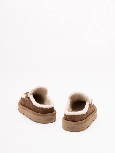 Fendi Women Beige Mules With Logo Lettering On The Rear And Ff Buckle In Suede Woman In Multi
