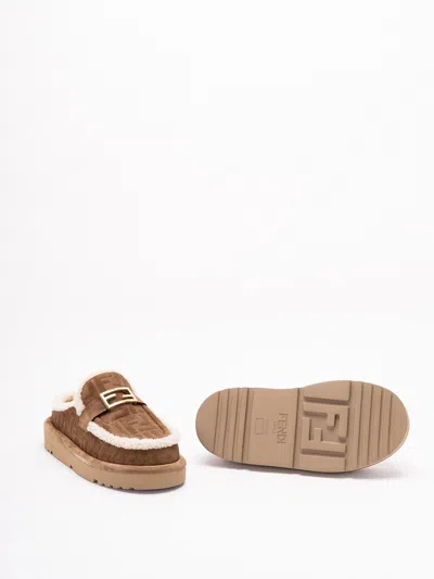 Fendi Women Beige Mules With Logo Lettering On The Rear And Ff Buckle In Suede Woman In Multi