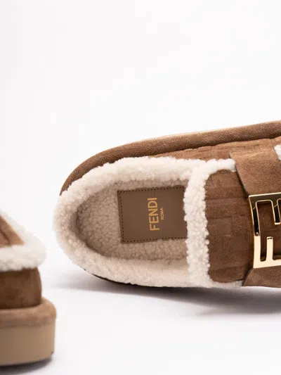 Fendi Women Beige Mules With Logo Lettering On The Rear And Ff Buckle In Suede Woman In Multi