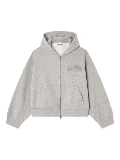 Ganni Cotton Zip-up Hoodie Featuring Pockets In Gray