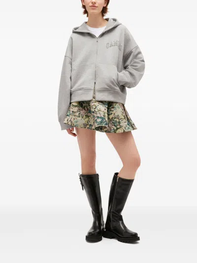 Ganni Cotton Zip-up Hoodie Featuring Pockets In Gray