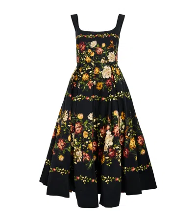 Agua By Agua Bendita Alcaparra Paramo Pleated Floral-print Cotton-poplin Midi Dress In Black
