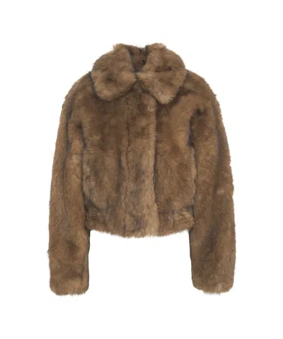 Stand Studio Cropped Faux Fur Jacket With Rounded Collar In Brown