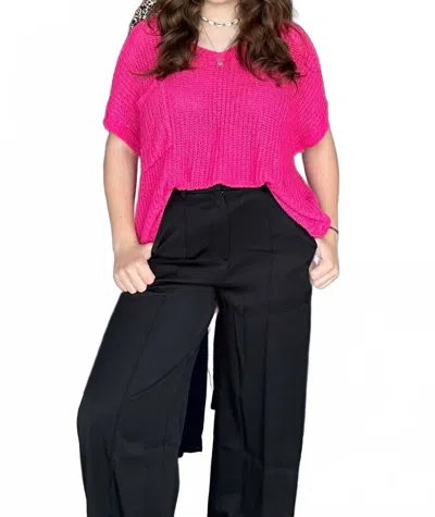 She + Sky Short Sleeve Wide Shoulder Loose Knit Sweater With Front Pocket In Fuchsia In Pink