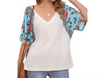 C+d+m Waffle Floral/leopard Sleeve Top In Blue In Blue